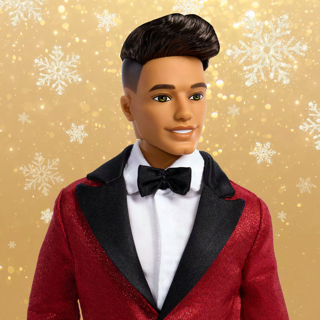 Barbie Signature 2026 Holiday Curly Black Hair Ken Collectible Fashion Doll Wearing Full Suit With Red Jacket