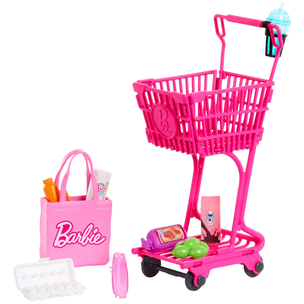 Barbie World Grocery Shopping Toy Set With 11 Doll Accessories including Cart, Food, Bag, & More