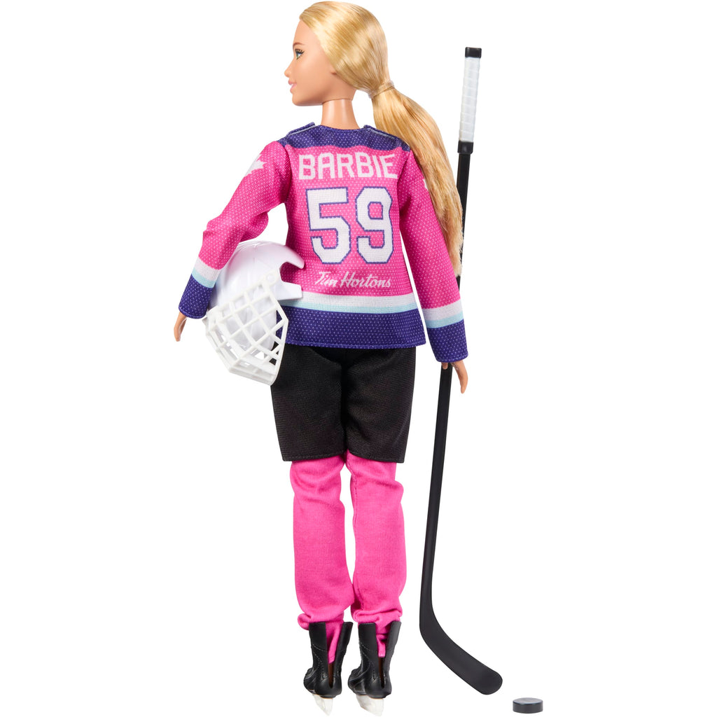 Barbie Tim Hortons PWHL Fashion Doll in Pink, Purple, & Teal Hockey Jersey, includes Hockey Accessories