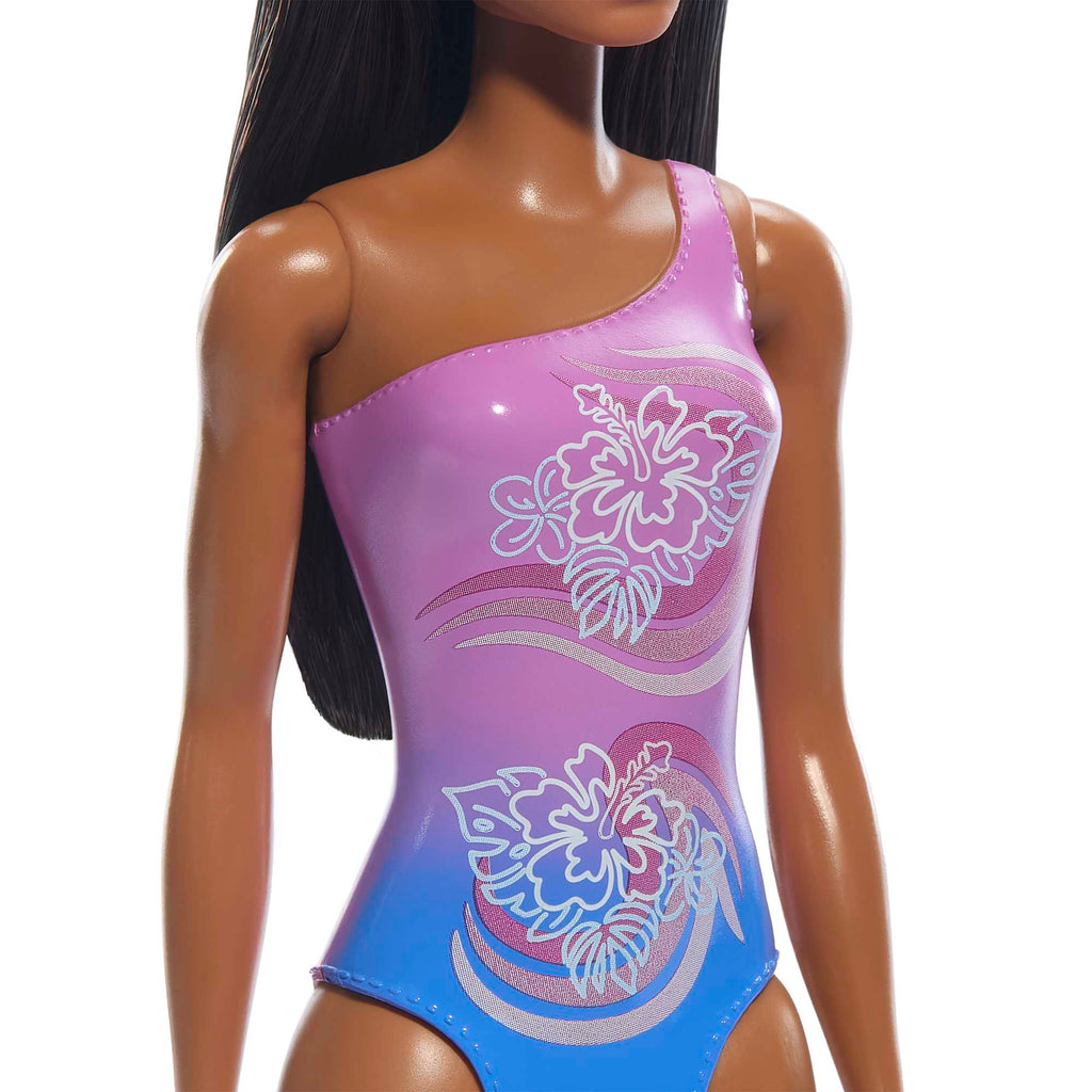 Beach Barbie Doll With Dark Brown Hair Wearing Tropical Purple Swimsuit