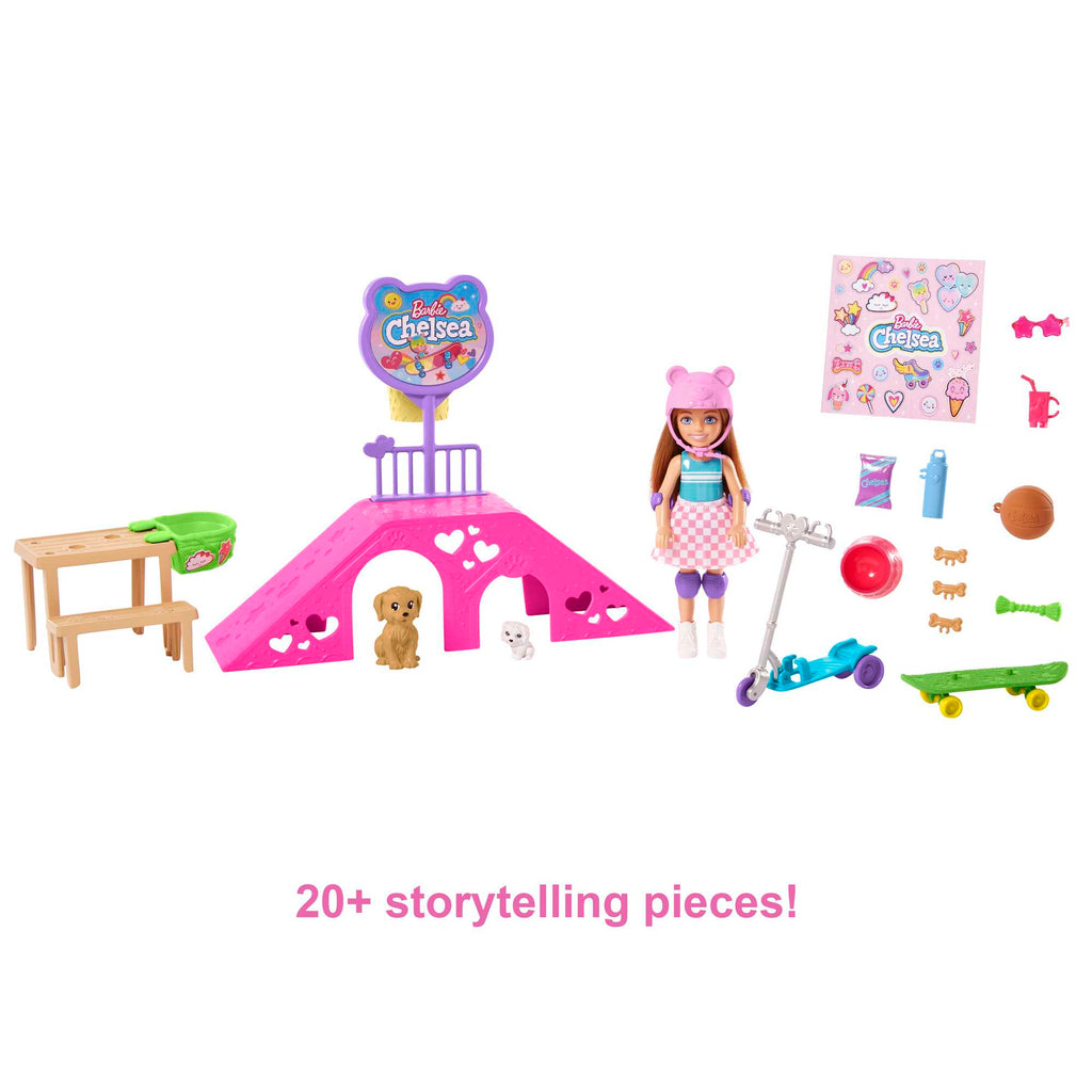Barbie Chelsea Doll And Accessories, Skatepark Playset With 2 Puppies And 15+ Pieces