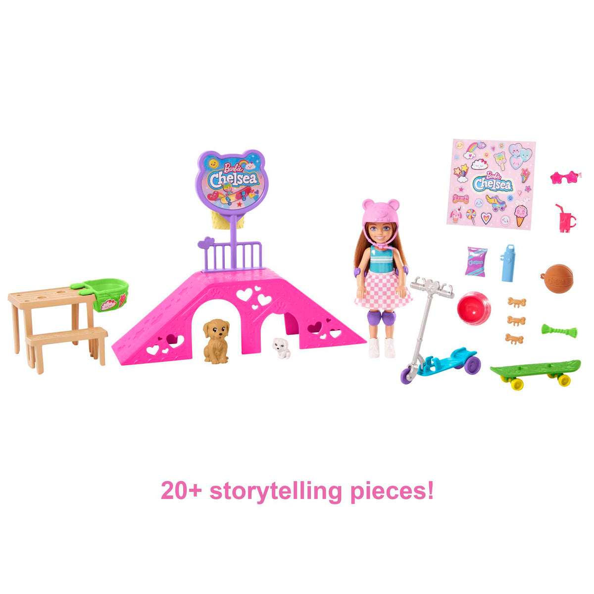 Barbie Toys, Chelsea Doll And Accessories, Skatepark Playset With 2 Puppies And 15+ Pieces