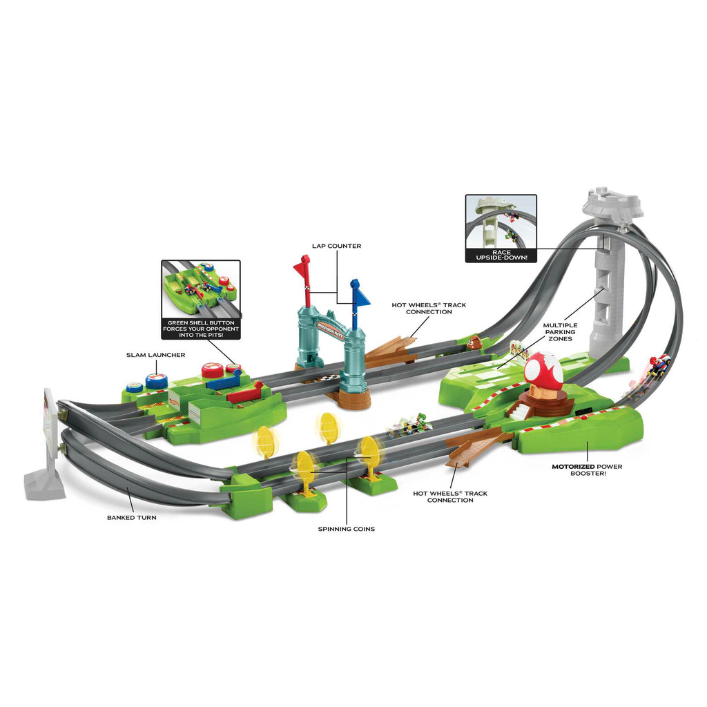Hot Wheels Mario Kart Circuit Track Set & 2 Mario & Yoshi Karts Vehicles