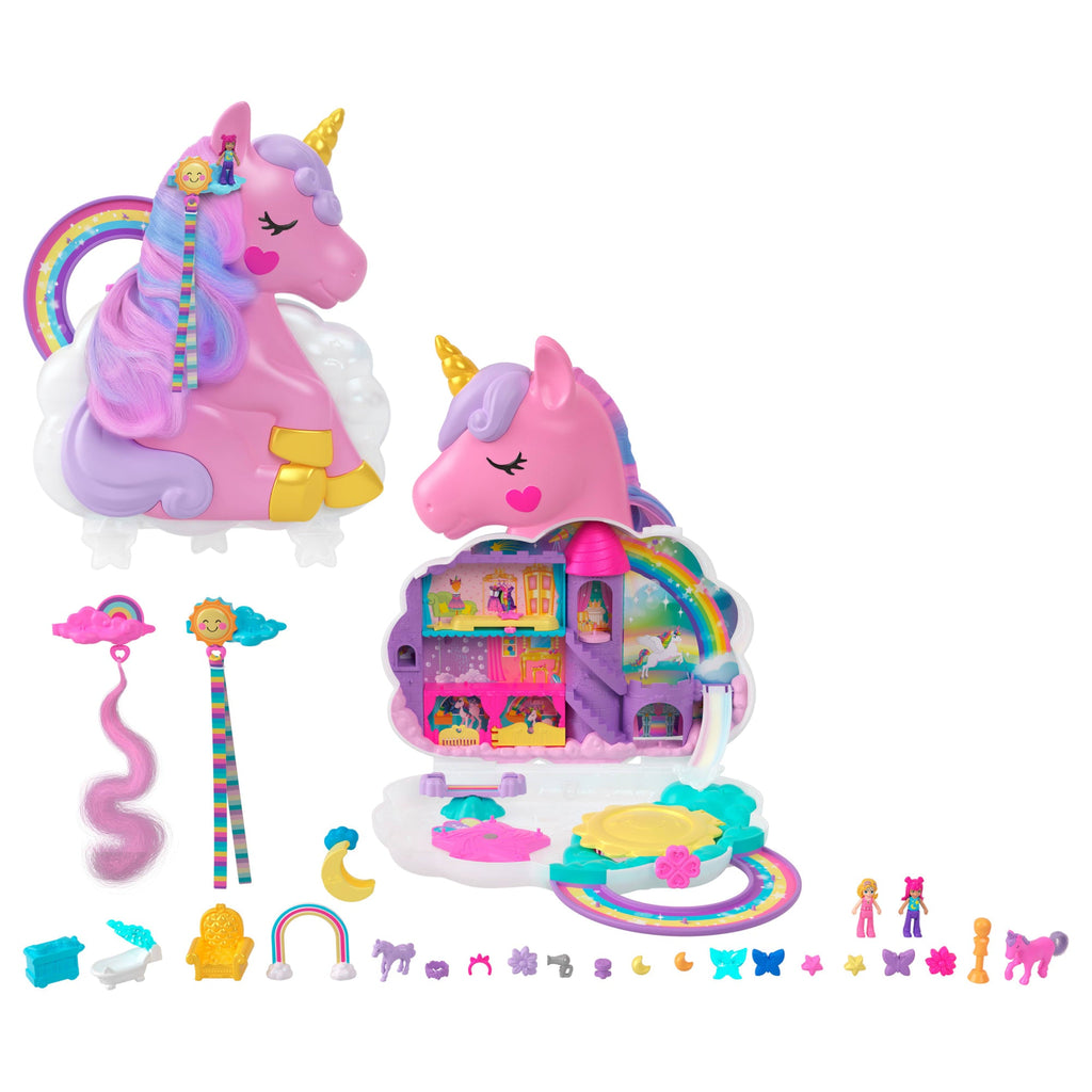 Polly Pocket Mini Toys, Rainbow Unicorn Salon Playset With 2 Dolls And 20+ Accessories