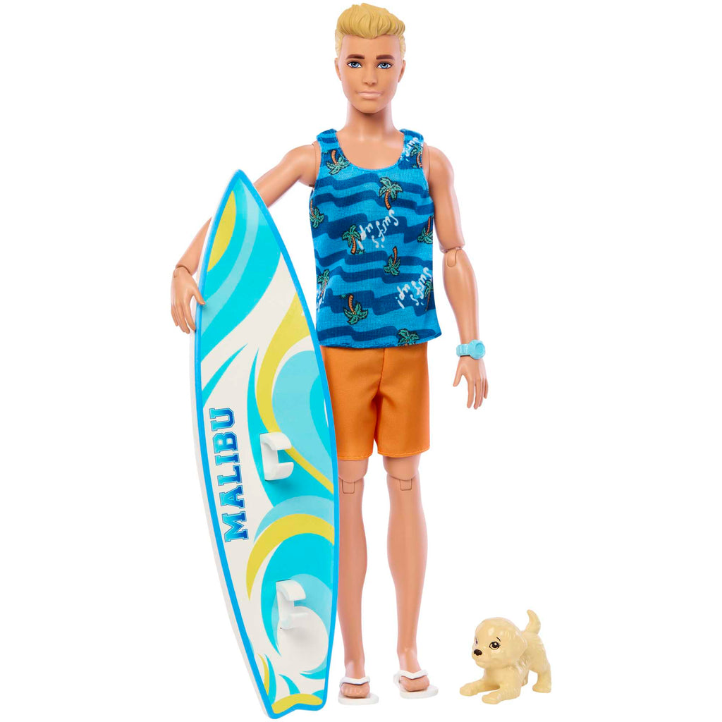 Ken Doll With Surfboard, Poseable Blonde Barbie Ken Beach Doll