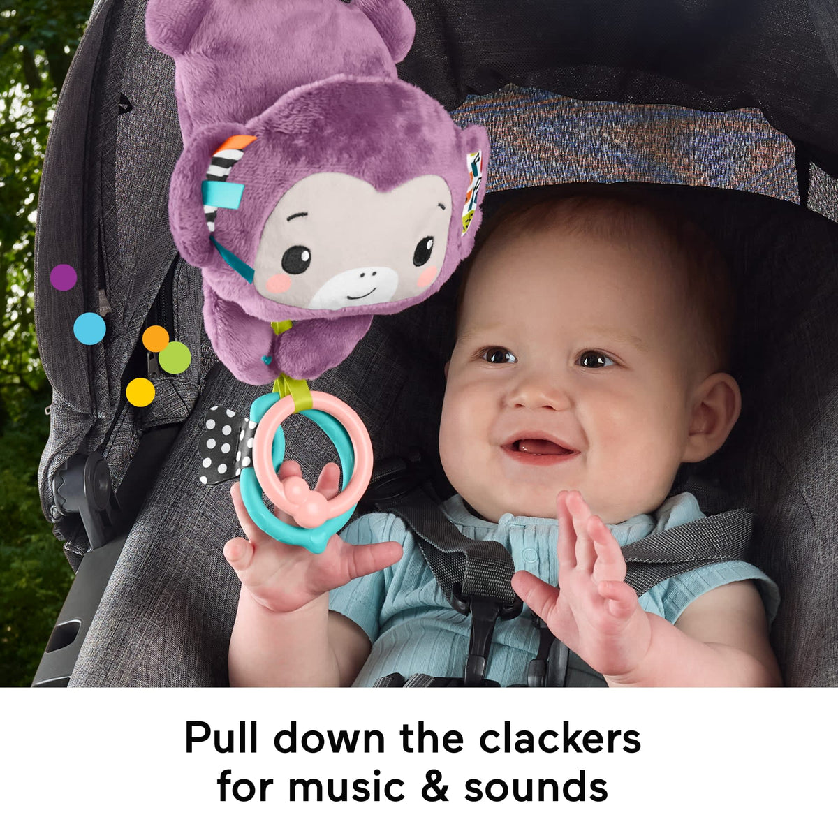Fisher-Price On-The-Go Purple Monkey Plush Baby Stroller Sensory Toy For Newborns