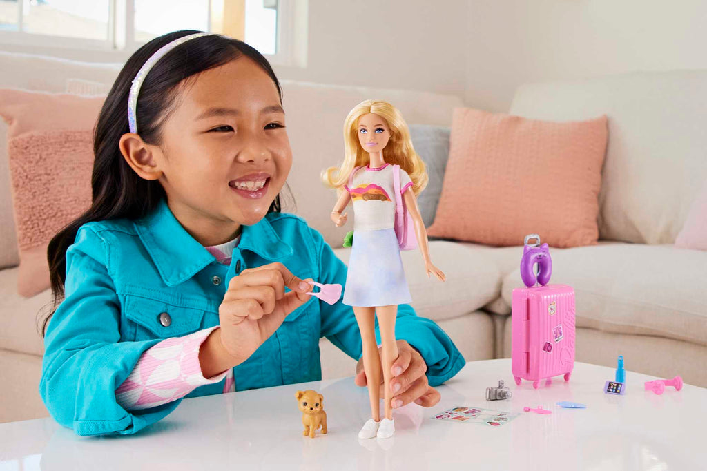 Barbie Doll And Accessories, 'Malibu' Travel Set With Puppy And 10+ Pieces Including Working Suitcase